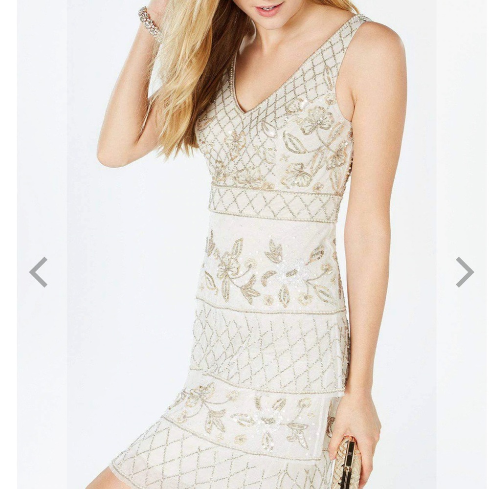 Adrianna Papell Embellished A-Line Tier Short Beaded Dress Pearl - Ivory